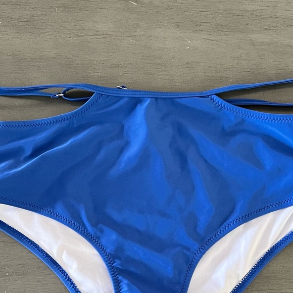 NEW Tempt Me Blue High Waist Adjustable Belt Swimsuit Lined Bikini Bottoms L - Picture 2 of 4